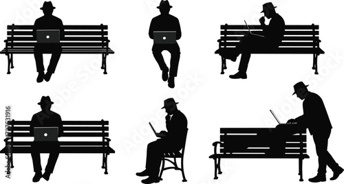Silhouette man with laptop on bench, working outdoor, freelancer concept, technology, digital nomad, communication, business, internet connection, modern lifestyle