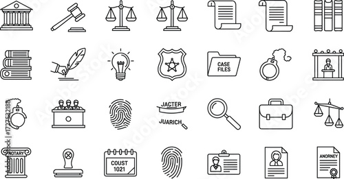 Law and Justice Icons for Court, Legal Documents, Attorney, Case Files, Scales, Fingerprint, Calendar, Investigation, Notary, and Crime