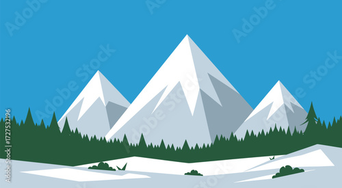 Winter forest cartoon illustration with snow covered mountains and evergreen trees view