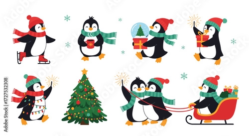 Cute penguins celebrating winter holidays with festive activities and decorations.