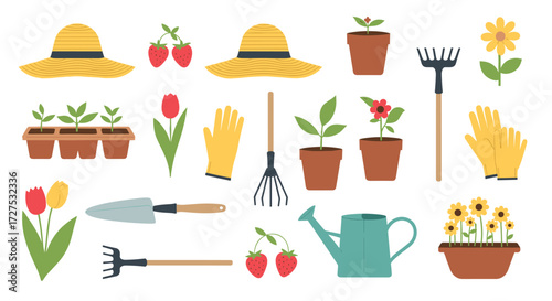 Gardening tools and plants with straw hats and strawberries.