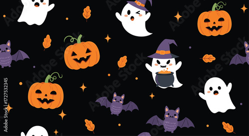 Cute halloween ghosts pumpkins and bats pattern.