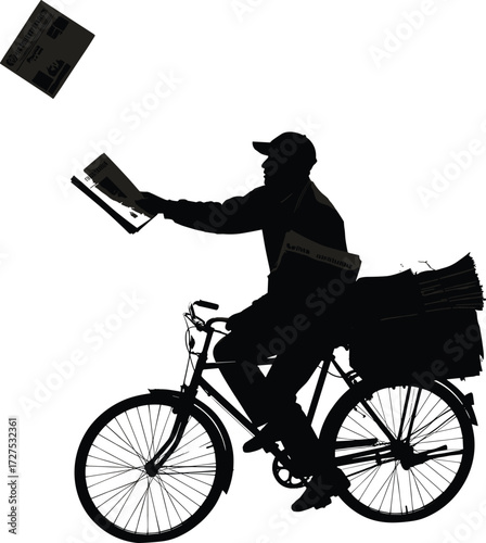 Newspaper delivery silhouette on bicycle, dynamic throw motion, vintage distribution concept, black figure, urban routine vector illustration