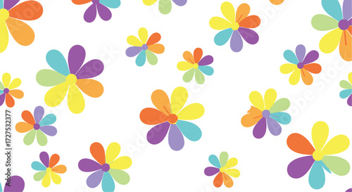 A whimsical pattern of colorful cartoon flowers floating on a white background.