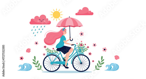 A girl rides a bicycle with an umbrella and flowers in the basket under the rain.