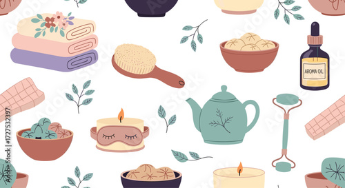 A collection of spa and relaxation items arranged in a pattern.