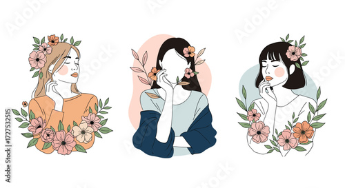 Three women adorned with floral arrangements in a minimalist style.