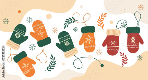 Winter mittens with decorative patterns and leaves.