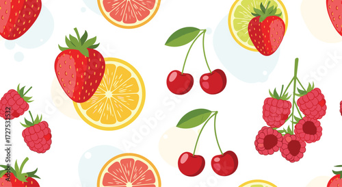 A vibrant pattern of fresh strawberries raspberries cherries and citrus fruits.