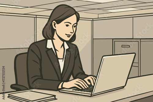 Young professional woman working diligently on her laptop in a modern office cubicle setting