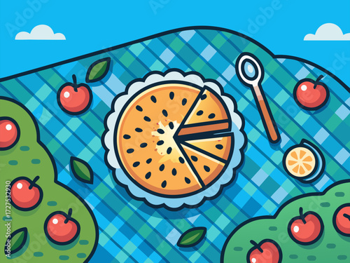 Fresh baked apple pie on picnic cloth with a slice cut cozy autumn dessert scene with apples leaves and sweet homemade flavor under bright sky