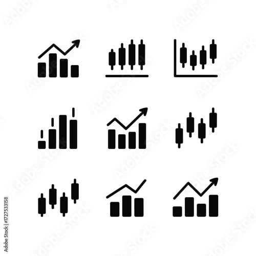 Collection of hand drawn financial trading candlestick and bar chart icons showing growth and decline