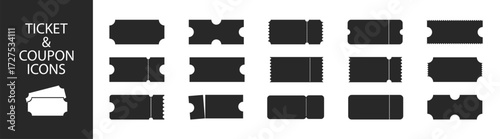 Ticket and coupon vector template set. Blank paper passes and admission labels for cinema, concert, theatre, and festival events. Isolated motion picture illustration on transparent background.