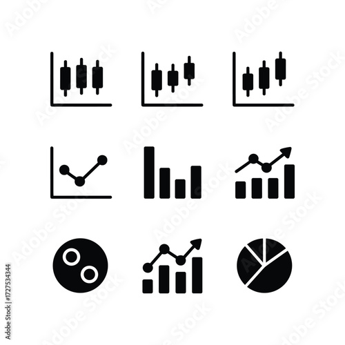 Collection of financial trading charts and business analytics graphs for data visualization