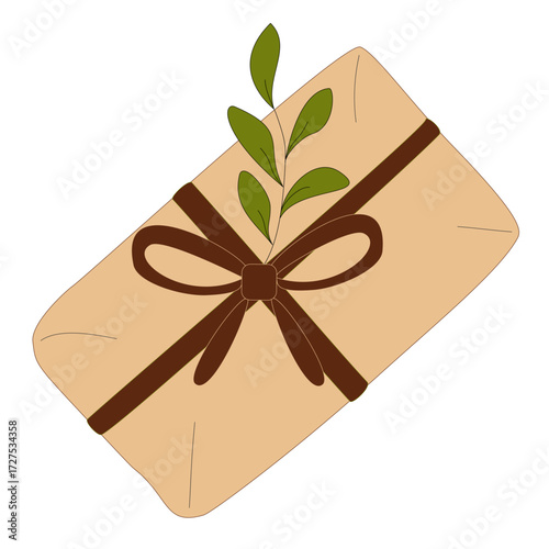 Eco friendly gift box wrapped in kraft paper with brown ribbon and green branch, minimalist holiday packaging illustration on white background.