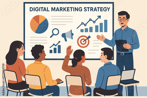 Business team learning digital marketing strategy from a presenter in a modern office setting