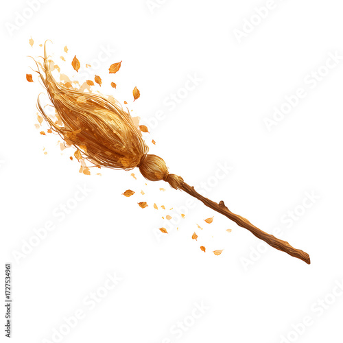 Broomstick flying illustration, white isolated background