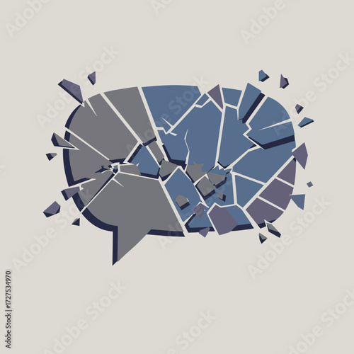 A gray and blue speech bubble graphic shattered into many pieces