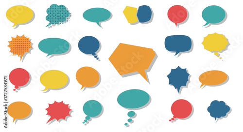 A collection of twentytwo multicolored speech and thought bubbles on white