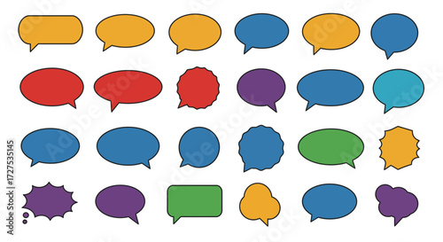 A grid of thirtytwo variously colored outlined speech and thought bubbles