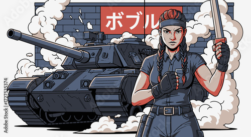 A strong female soldier in a comic book art style stands ready with a baton in front of a military tank.