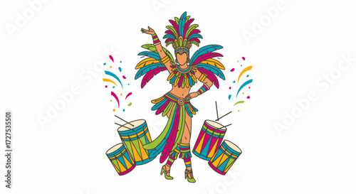 A vibrant illustration of a carnival dancer in a colorful costume with drums and confetti, celebrating a festive event.