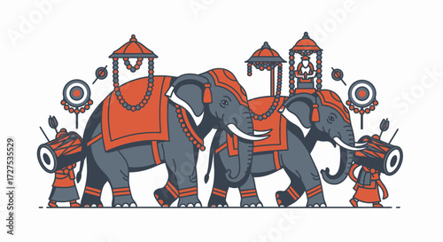 Indian elephants in procession, decorated with ornate saddles and musical instruments, likely for a festival or celebration.