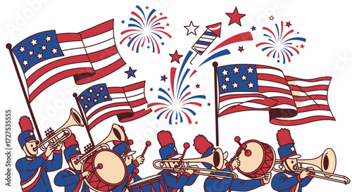 A patriotic marching band in red and blue uniforms celebrates with American flags and fireworks.