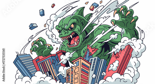 A ferocious green monster with sharp claws and teeth emerges from a cloud of smoke, destroying city buildings.