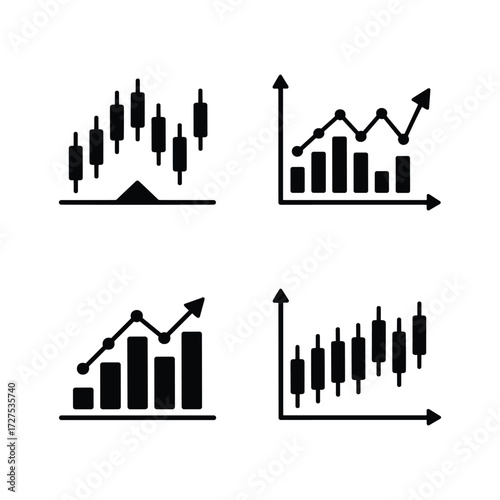 Financial market analysis icons four candlestick and bar chart graphics for trading and investment data visualization