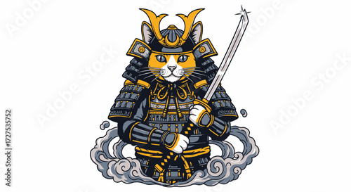Illustration of a cat dressed as a samurai warrior with a sword and armor.