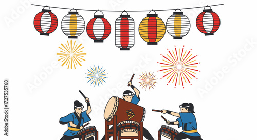 Japanese Taiko Drummers with Lanterns and Fireworks.