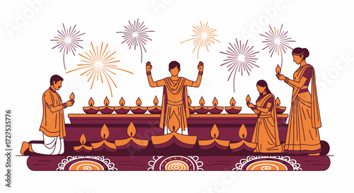 An illustration of a family celebrating Diwali, the Hindu festival of lights, with traditional oil lamps and fireworks.