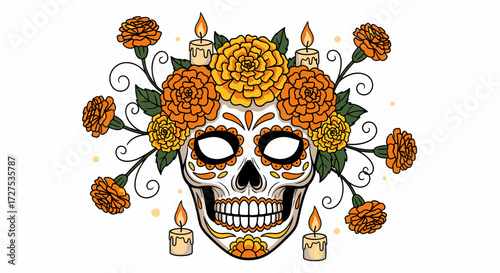 A colorful sugar skull adorned with marigolds and lit candles, symbolizing Day of the Dead celebrations.