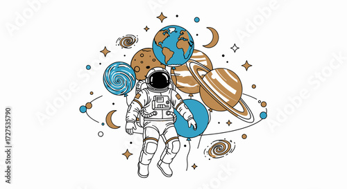 Stylized line art illustration of an astronaut floating in space, surrounded by various planets, stars, and distant galaxies.