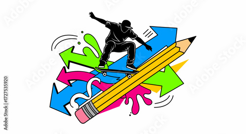 A creative illustration featuring a skateboarder riding a pencil with graffiti art.