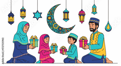 A Muslim family celebrating Eid, with parents giving presents to their children under a crescent moon and lanterns.