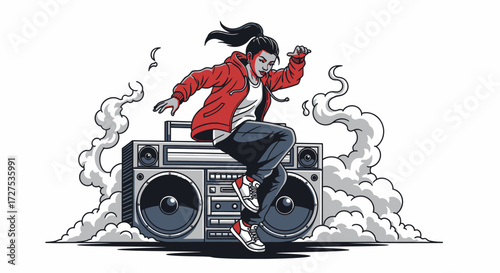 Energetic person dancing on a retro boombox with smoke, illustrating urban music culture and street style.