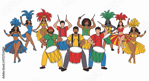 Illustration of a vibrant carnival parade featuring dancers and drummers in colorful costumes.