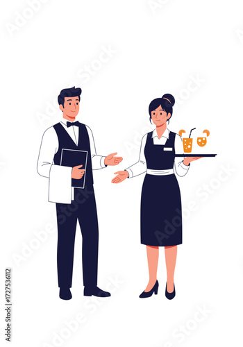 Waiters preparing to serve drinks at a restaurant.
