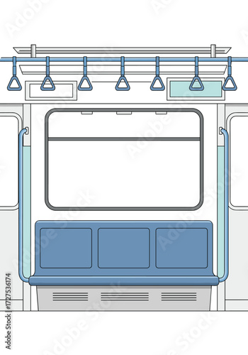 Interior view of a public transport train carriage showing seats and handrails.