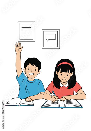A young boy raises his hand in a classroom while a girl reads a book intently.