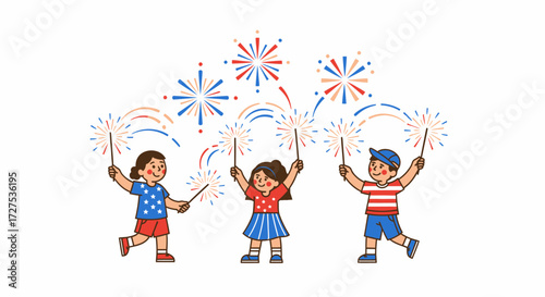 Children celebrating with sparklers and fireworks on the 4th of July.