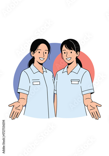 Two smiling women in uniforms open their arms to welcome.