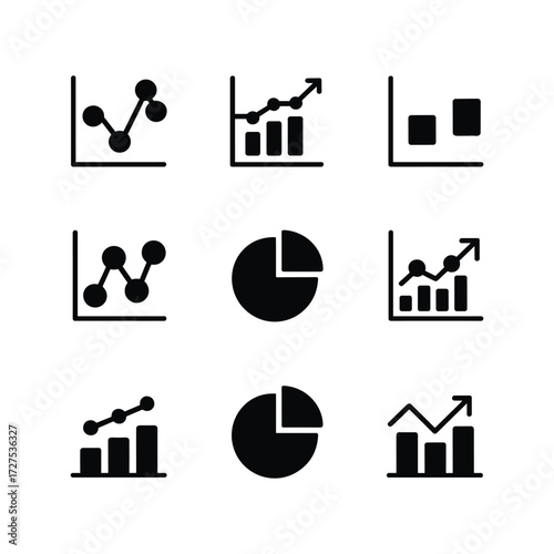 Set of nine simple black and white graph and chart icons for data visualization and analysis