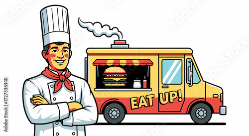 A smiling chef stands next to a food truck with a burger advertisement, ready to serve customers.