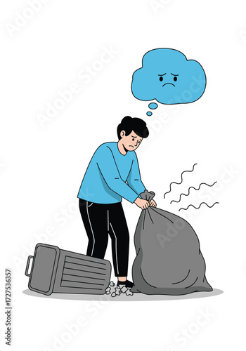 Man is sad while collecting trash and garbage in a park.