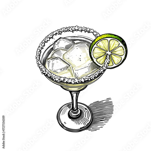 Illustration of a margarita glass with a salted rim and a lime wedge, drawn in a woodcut style
