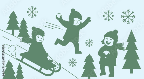 Illustration of three happy children playing in the snow, sledding, and throwing snowballs among pine trees.
