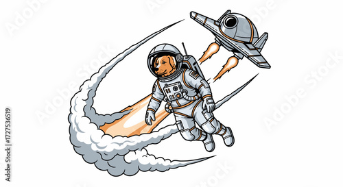 A cartoon dog astronaut with a jetpack soars upwards, accompanied by a small rocket plane, leaving a trail of smoke.